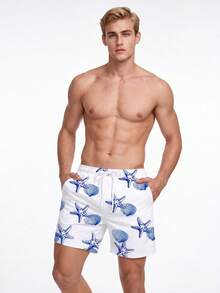 Manfinity KASUA Men's Summer Vacation Style Starfish & Shell Print Drawstring Waist Slant Pocket Loose Beach Shorts - Blue and White - View 1