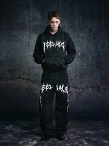 Vyqestra Manfinity Streetrush 男士街头风流行INS同款做旧褪色黑色保暖连帽衫和裤子套装，男士两件套，哥特风，潮服，2000年代风格，秋冬装，户外音乐节夜店男友/老公礼物，周年纪念礼物 - 黑色 - 查看 3