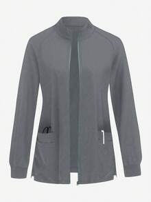 TaskEZ Chaqueta de uniforme de enfermería de unicolor con mangas raglán largas y cierre de cremallera - Gris - View 1