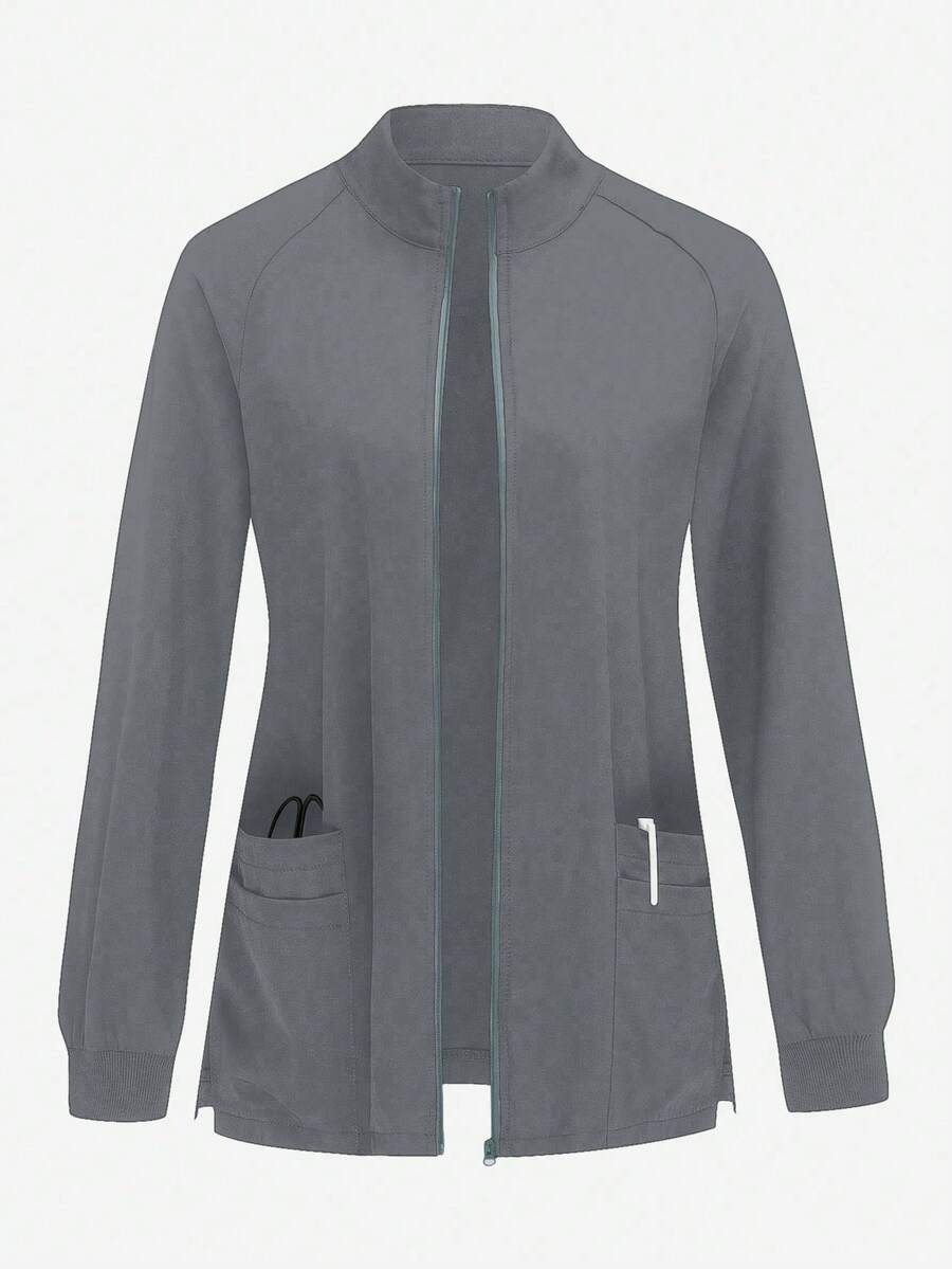 TaskEZ Chaqueta de uniforme de enfermería de unicolor con mangas raglán largas y cierre de cremallera - Gris - View 1