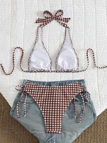 Swim Mod 女士海灘度假春/夏格紋印花掛脖式可愛露背性感老錢風歐式打結比基尼套裝 棕色條紋 - 彩色 - 查看 2