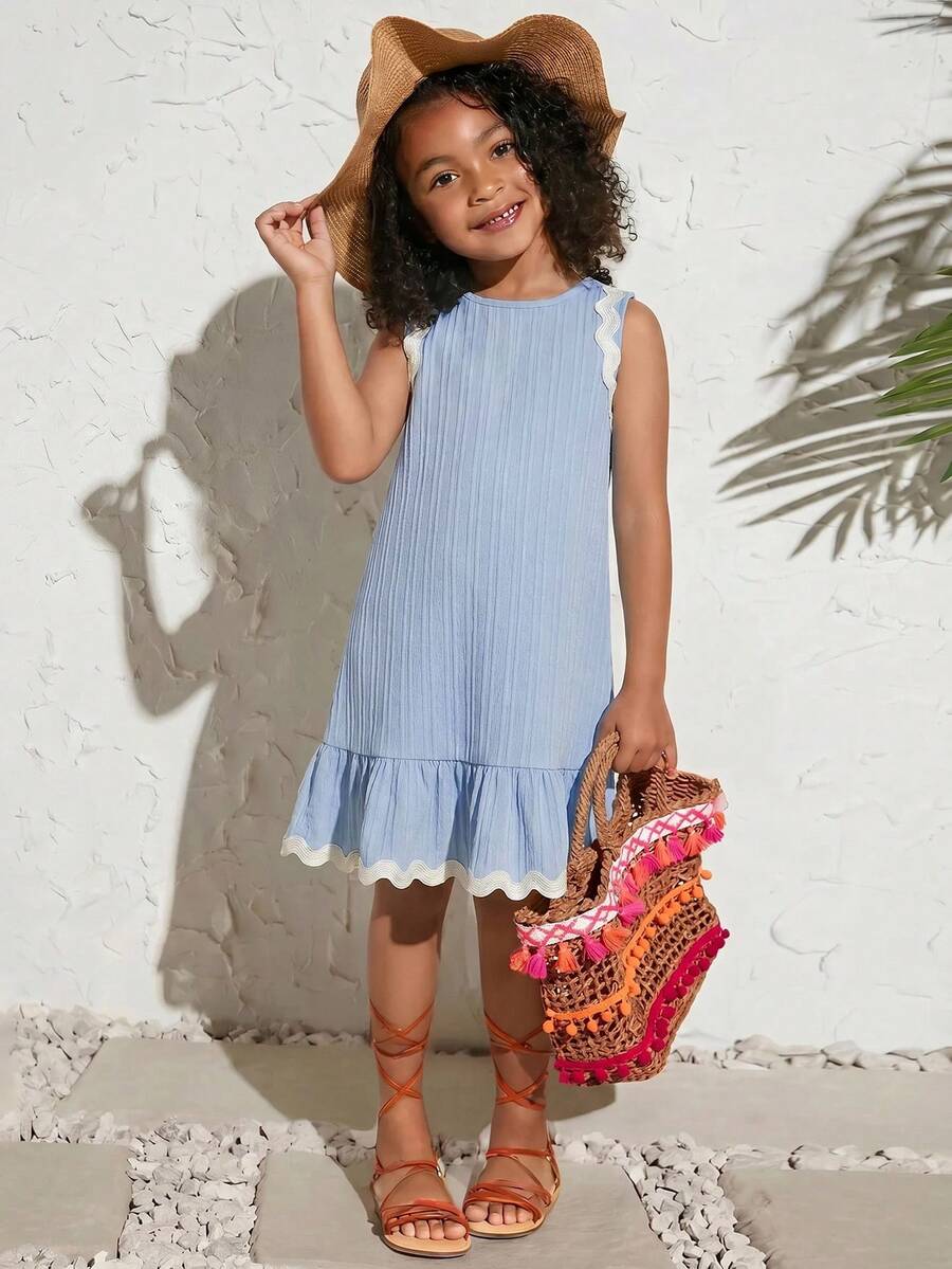 SHEIN Young Girl Textured Contrast Color Webbing Strap Loose Fit Dress Suitable For Vacation Style Outings - Baby Blue - View 1