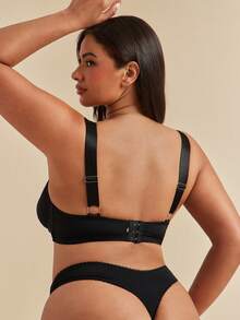 SHEIN BAE CURVE 加大码镂空拼接设计舒适无钢圈薄杯内衣，提升 - 黑色 - 查看 2