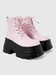 ROMWE Kawaii Sandales à talons pour femmes ~ Nouvelles bottes roses en PU de style punk pour l'automne et l'hiver 2026, à bout rond, à semelle épaisse, bottes de randonnée polyvalentes, bottes courtes à plateforme, bottes fines - Rose bonbon - Voir 1