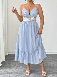 SHEIN Clasi Summer New Striped Patchwork Ruffle Camisole A-Line Sexy Boho Fashion Women Dress Beach Vacation Blue And White - Blue - View 3