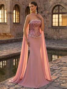 Glamrae Top bustier elegante y lujoso con cuentas, lentejuelas y flores, con escote asimétrico novedoso, adornos de perlas blancas 3D hechos a mano pesados, falda de sirena de punto elástico alto (incluye capa desmontable sin tirantes), adecuado para bodas, despedidas de soltera, vacaciones, bailes de graduación, galas nocturnas - Rosa vieja - Ver 5