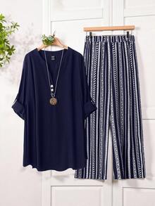 Enliva Plus Size Women 2pcs/Set Notch Neck Sleeveless Top And Striped Wide Leg Pants Casual Outfit,Holiday Outfits Boho Elegant Summer - Navy Blue - View 5