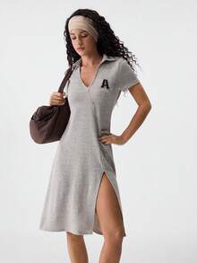 Loungeista 女式 V 领不对称分线纽扣装饰针织短袖休闲家居服连衣裙 - 杏色 - 查看 9