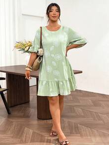 Lounesse Plus Size Women Casual Cute Floral Print Dress With Bow Tie Back Design Vacation Light Green Summer - Multicolor - View 7