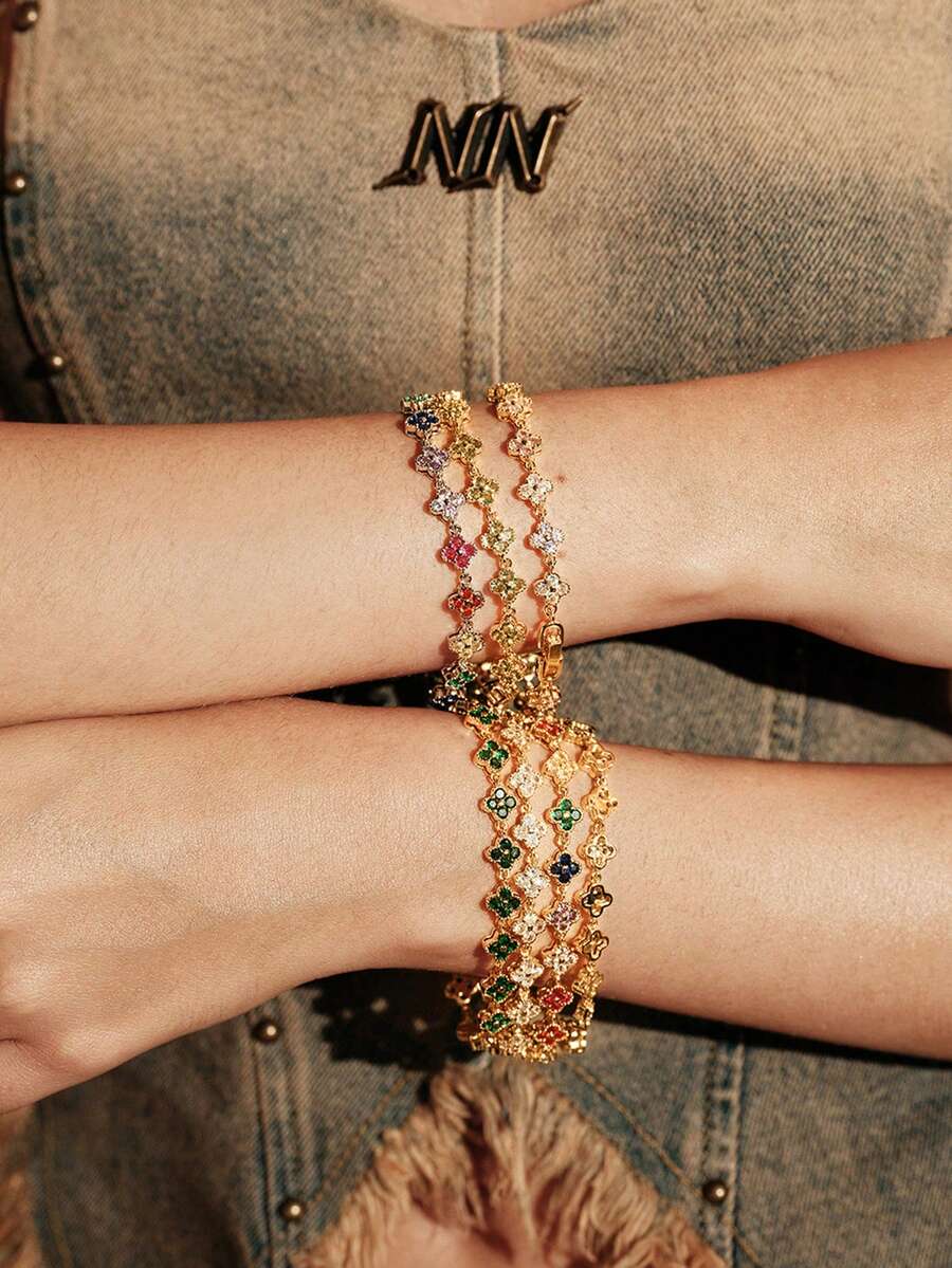 Glisma 1pc Colorful Fashionable Luxury Floral Zirconia Bracelet - Horizontal and Vertical Link - View 1