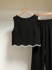 SHEIN PETITE CURVE 大码休闲无袖上衣和裤子两件套 - 黑色 - 查看 4