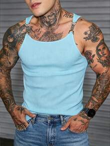 Manfinity Dauomo Men's Solid Color Minimalist Sexey Elegant Everyday Metal Strap Tank Top Skyblue Summer Rave - Baby Blue - View 4