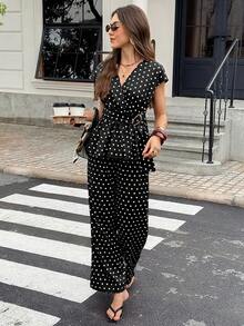 Serisse Setelan 2 Potong Atasan Lengan Pendek Motif Polkadot Leher V Wanita dan Celana - Hitam - View 4