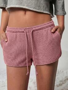 WESTFADE Drawstring Waist Rib Knit Casual Lounge Pink Shorts - Pink - View 4