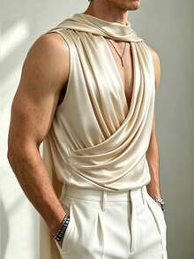 Manfinity Dauomo Men's Sexy Solid Color Cowl Neck Pleated Draped Ribbon Versatile Top - Champagne - View 7