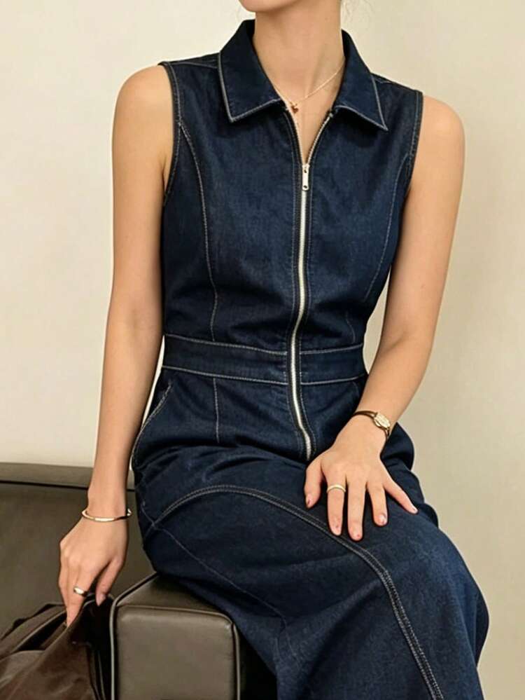 Women's Casual Fashion Daily Commute Sleeveless Zipper Front Denim Wide Leg Jumpsuit