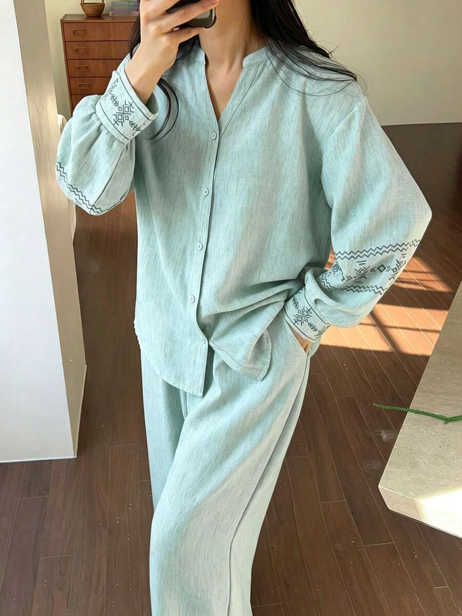 DAZY 2pcs/Set Loose Cardigan Long Sleeve Straight Leg Long Pajama Pants Spring Outfit Women's Sleepwear Set - Green - View 1