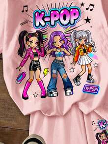 Young Girl Round Neck Casual Simple Cartoon Girl Portrait Print Short Sleeve Top And Shorts 2pcs Set - Multicolor - View 7