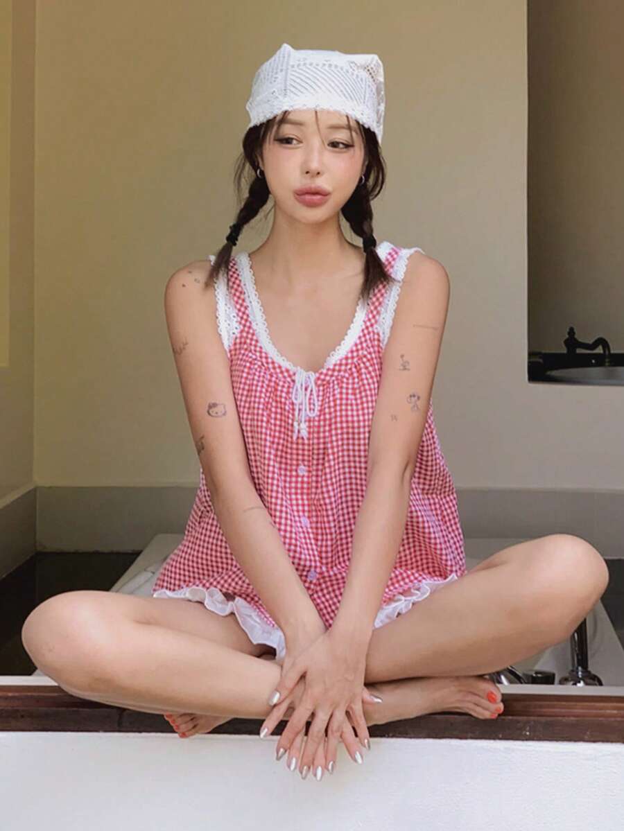 DAZY 女款格紋法式單排扣蕾絲拼接繫帶襯衫 - 紅色 - 查看 1