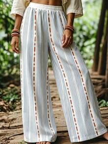 Zayélia Women's Casual Boho Loose Fit Drawstring Hem Wide Leg Pants, Versatile For Autumn Outings Beach Blue White Striped - Blue - View 6