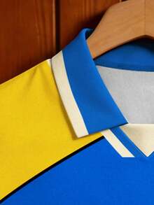 Manfinity Campus Court Men's Plus Size Vintage Brazil Team Polo Shirt With Collar,Blue And Yellow Color Block Loose Casual Jersey,Summer,Streat Wear,Beach Football T-Shirt - Multicolor - View 4