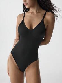 Loungeista 1 pieza Body moldeador sin costuras para mujer con cuello en V sexy, cintura baja y espalda descubierta, control de barriga adelgazante sólido para verano, levanta caderas lencería moldeadora - Negro - Ver 7
