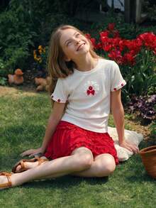 DAZY Cute Bow Decor Short Sleeve T-Shirt Top + Skirt Princess Tween Girls T-Shirt Set Summer - Red - View 4
