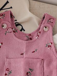 SHEIN 嬰幼兒女童中性 0-3 歲 春/秋季 心形滿版印花 粉色燈芯絨吊帶褲套裝 胸前口袋設計 休閒版型 適合外出與居家休閒 - 彩色 - 查看 6