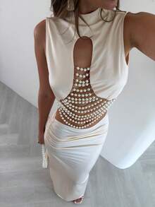 Opulessa Women's Solid Color Stand Collar Sleeveless Top And Slim Fit Long Skirt 2pcs Set Beach Vacation Cream White Summer Tropical - Apricot - View 5
