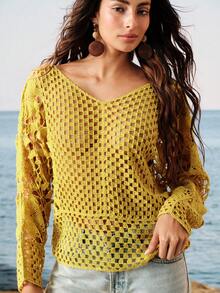 Breezaya Women's Spring Summer Autumn Beach Vacation Style Hollow Out Sheer Cover-Up Top - Blue - View 8