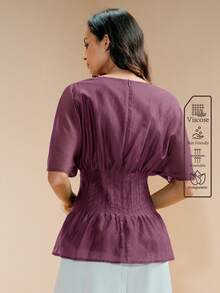 Arave Women's X-Shaped Round Neck Short Sleeve Pleated Waist Ruffle Hem Casual French Elegant Commuter Top Teachers' Day Office Brunch Mauve Purple Summer - Purple - View 4