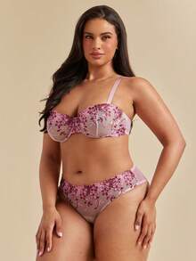 SHEIN BAE CURVE 加大码 2 件套性感刺绣文胸和内裤内衣套装，女士适用，提拉型 - 粉色 - 查看 5