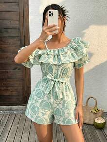 SHEIN Sparklyn Teen GirlJumpsuit, Stylish Spaghetti Strap Romper, Suitable For Summer Outings - Multicolor - View 1