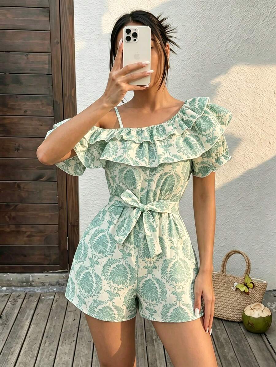 SHEIN Sparklyn Teen GirlJumpsuit, Stylish Spaghetti Strap Romper, Suitable For Summer Outings - Multicolor - View 1