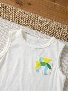 SHEIN 3件組中性嬰兒男童女童春夏休閒度假可愛熱帶檸檬印花無袖針織背心上衣、短褲及遮陽帽套裝，多件式穿搭 - 彩色 - 查看 4