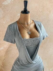 Soleia Women's Solid Color Short Sleeve Contrast Lace 2 In 1 Design Side Drawstring Fashion Romper - Grey - View 6