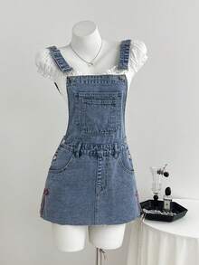 Elamini Fashion Casual Red Embroidered Bow Washed Denim Overall Dress - Medium Wash - View 3