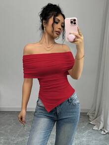 SHEIN Raffinéa Spring/Summer Women's Elegant Off-Shoulder Large Lapel Ruched Hem Square Hem Slim Fit Flattering T-Shirt - Red - View 5