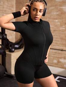 Powerista Women's Plus Size Solid Color Zipper Casual Daily Travel Sports Romper - Black - View 6