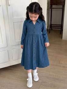 DAZY Girls' Casual Turn-Down Collar Washed Korean Style Versatile Solid Color Denim Dress - Blue - View 3