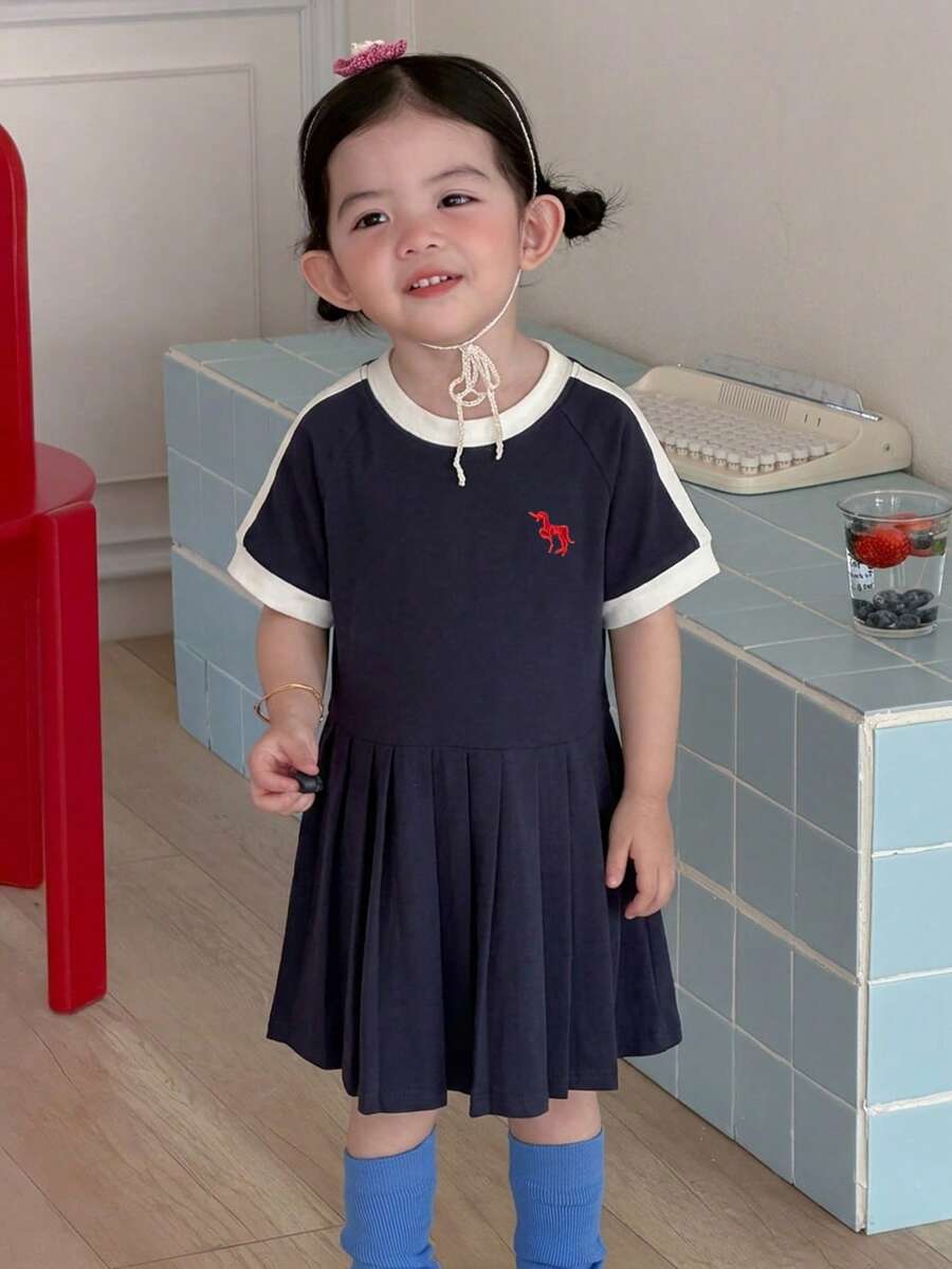 DAZY 女嬰圓領條紋休閒寬鬆拼色條紋洋裝 夏季幼童 - 藍色 - 查看 1
