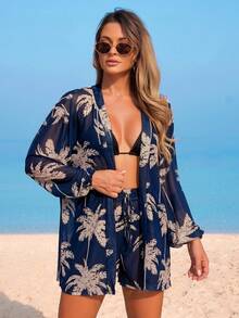 Swim Lushoire 女款海灘網紗椰子樹印花長袖罩衫上衣、印花休閒繫帶短褲度假套裝罩衫 - 藏蓝色 - 查看 4