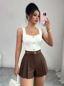 Elenzga Women's Vacation Faux Pearl Button Vest And Pleated Shorts 2-Piece Set - Brown - View 2