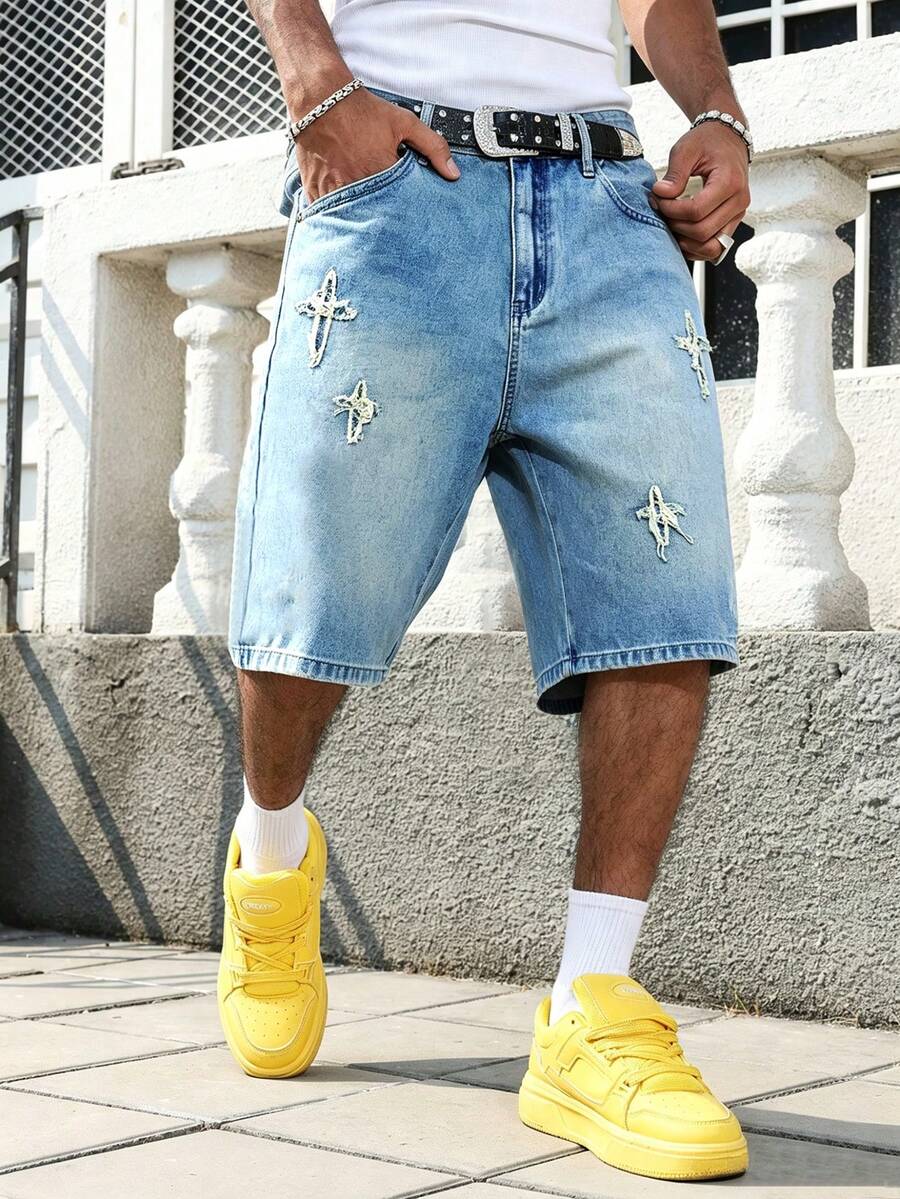 Manfinity Hypemode Pantalones cortos de mezclilla con parches para hombre - Azul lavado medio - Ver 1