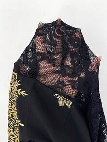 Rafferiza 優雅度假休閒性感洋裝，蕾絲拼接胸口、蕾絲鏤空背部、金色花卉印花、修身美人魚裙、V領短袖洋裝，春夏秋冬皆宜，派對洋裝、度假洋裝、優雅洋裝、正式洋裝、修身洋裝、沙灘洋裝、休閒洋裝、約會洋裝 - 彩色 - 查看 6