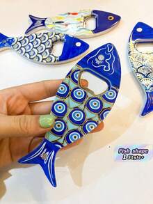 1 pieza Imán de nevera de acrílico con forma de pez y patrón de ojo azul, textura en relieve con lámina de oro, abridor de botellas 2 en 1, decoración portátil para el hogar y la cocina, regalo para cumpleaños y graduación - Multicolor - Ver 1