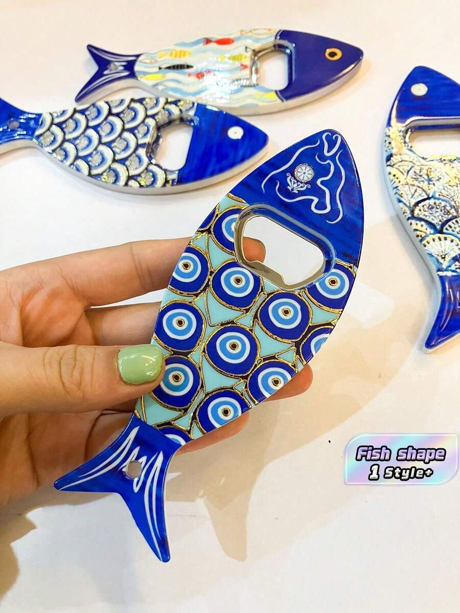1 pieza Imán de nevera de acrílico con forma de pez y patrón de ojo azul, textura en relieve con lámina de oro, abridor de botellas 2 en 1, decoración portátil para el hogar y la cocina, regalo para cumpleaños y graduación - Multicolor - Ver 1