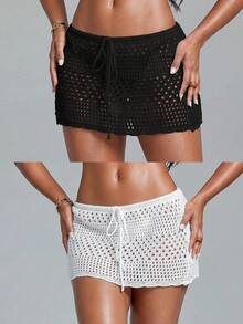 Swim Glamine Solid Color Hollow Knit Cover Up And Skirt 2 Pieces Set Holiday Holiday Vacation Black Summer Boho - Multicolor - View 3