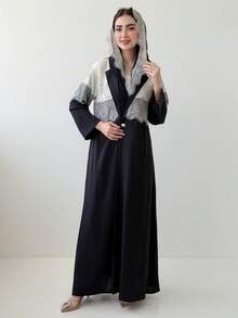 Yasmeen Edit Yasmeen Edit 新款蕾丝边拼接头巾领女式长袍外套，春季黑色 - 黑色 - 查看 4