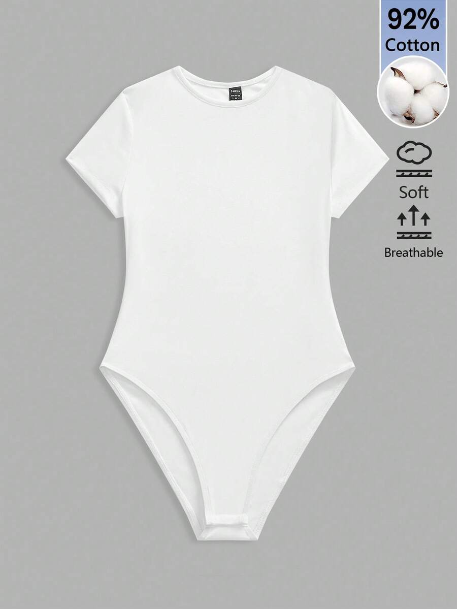 SHEIN BASICS 女款素色極簡百搭圓領短袖連身衣，適合日常穿著